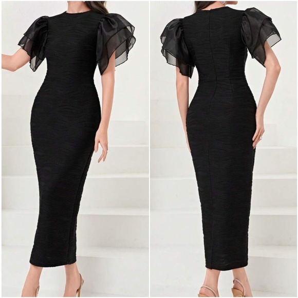 Luxe Black Ruffle Sleeve Party Evening Dress - Picture 2 of 4